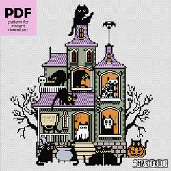 black cats and haunted house cross stitch pattern pdf, halloween embroidery ornament, ghostly and creepy house design