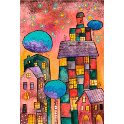 whimsical houses painting small original watercolor graphic art houses artwork gallery wall art by rubinova