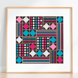 geometric cross stitch pattern sampler, counted cross stitch mid century modern, cross stitch pillow, retro cross stitch