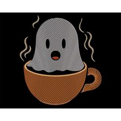 Cute Sketch Coffee Ghost Embroidery Design - Funny Spooky Season for Dark Fabrics, Quick Stitch Halloween Machine PES fi
