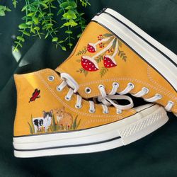 embroidered red mushrooms and butterfly ,embroidered converse chuck taylor 1970s mountain logo