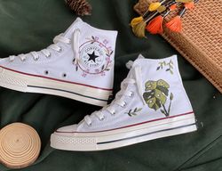 custom converse high tops,embroidered her betel tree,custom logo orchids,flower converse,giftforher