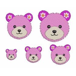 cute bear head embroidery design, fill stitch bear face with daisy flowers, forest animal, mini teddy girl, machine embr