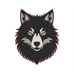Fierce Black Wolf Head Embroidery Design - Fill Stitch Wild Beast with Orange Eyes, Totemic Forest Animal, Machine Embro