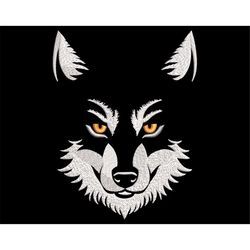 white wolf face embroidery design for dark fabric - fill stitch forest animal with orange eyes, wild totem emblem, machi