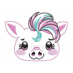 cute pig face embroidery design - sketch stitch piggy with cool haircut, perfect for fairy-themed nursery or birthday ce