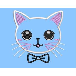 cute white cat face applique, bow-tie, big eyes and pink ears, machine embroidery design in 4 sizes