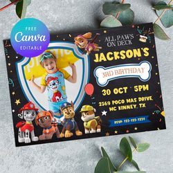 Paw Patrol Birthday Invitation, Paw Patrol Birthday Invitation with photo Editable and Printable Digital Download