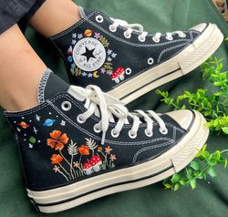 flower converse,mushroom shoes,embroidered mushroom flowers and the sky,embroidered ,gift her