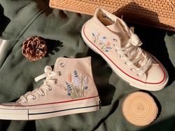 custom converse multicolored flower clusters, embroidered converse high tops,chrysanthemum,lavender