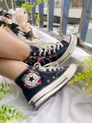 wedding converse,converse high tops chuck taylor 1970s,custom rose strip,embroidered rose logo