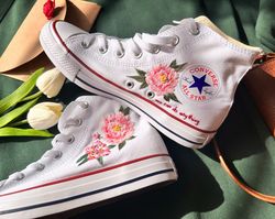 embroidered converse,converse high tops custom peony,pink flower converse,custom logo flowers,embroidered sneakers