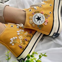 embroidered converse,converse high tops,embroidered sweet rose and lavender garden,converse chuck taylor 1970s flower co