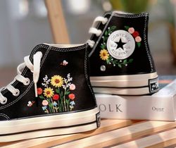 embroidered converse,floral converse,converse embroidered clusters of sunflowers and roses,butterfly converse,custom log