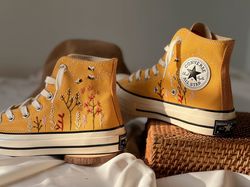 embroidered converse,floral converse,custom converse colorful bees and flower garden,custom logo converse chuck taylors