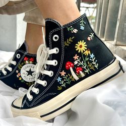 embroidered converse,mushroom converse,embroidered red mushrooms and flower,converse high tops chuck taylor 1970s,best f