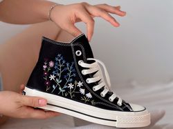 floral converse,embroidered converse high tops,custom multicolored chrysanthemums,flower logo embroidery,custom blue flo