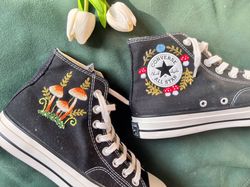 embroidered orange mushrooms,converse high tops chuck taylor 1970s,custom logo mushrooms,flowers