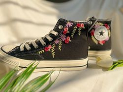 wedding converse high tops chuck taylor 1970s,embroidered converse,custom rose strip,embroidered rose logo,custom weddin