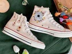 wedding converse,embroidered converse,converse hi tops embroidered lavender and sunflower,custom wedding lights,custom l