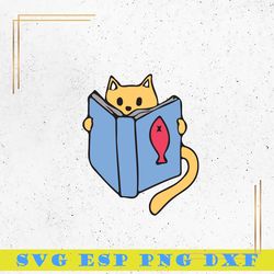 cat reading book svg, cat cartoon svg, cute animal svg