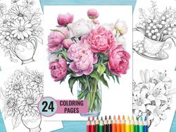 flower bouquet in vase coloring book, 24 printable pdf pages for adults, grayscale coloring page, instant download