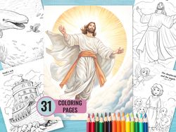 christian coloring pages, 31 printable bible story page for adult and kids, sunday school coloring book,instant download