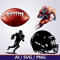 american football svg digital download bundle, football ball png football player clip art game day  football helmet silh