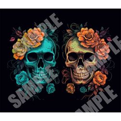 neon roses and skulls halloween 20 oz skinny tumbler wrap sublimation design, retro skull png download png,  skulls and