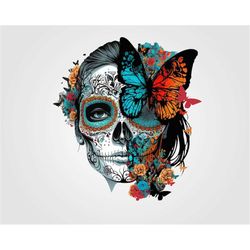 colorful sugar skull with butterflies png day of the dead instant  digital download, butterfly sugar skull png for subli