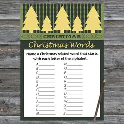 christmas party games,christmas word a-z game printable,gold christmas tree christmas trivia game cards