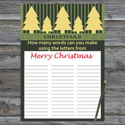 christmas party games,how many words can you make from merry christmas,gold christmas tree christmas trivia game cards