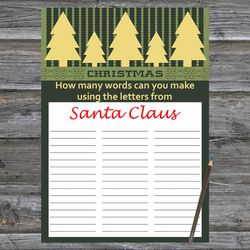 christmas party games,how many words can you make from santa claus,gold christmas tree christmas trivia game cards