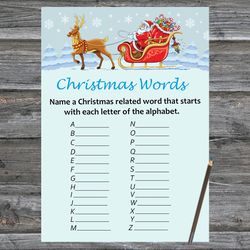 christmas party games,christmas word a-z game printable,santa claus and reindeer christmas trivia game cards