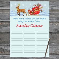 christmas party games,how many words can you make from santa claus,santa claus and reindeer christmas trivia game cards