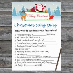 christmas party games,christmas song trivia game printable,happy santa and reindeer christmas trivia game cards