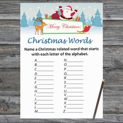 christmas party games,christmas word a-z game printable,happy santa and reindeer christmas trivia game cards