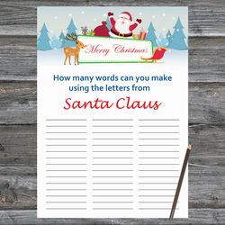 christmas party games,how many words can you make from santa claus,happy santa and reindeer christmas trivia game cards