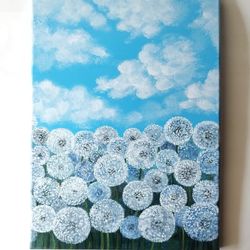 dandelion wall art, painted landscape, landscape art, texture painting on canvas, painting wildflowers in acrylic