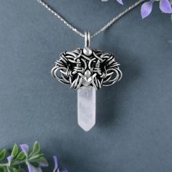 rose quartz crystal pendulum necklace, silver wire wrap pendant jewelry gift for her, gothic fantasy talisman