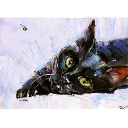 black cat oil painting original animal pet kitten portrait impressionism signed made to order