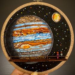 3d hoop art welcome to galaxy: journey  to jupiter, 6 inches. felted and embroidered surreal space landscape.