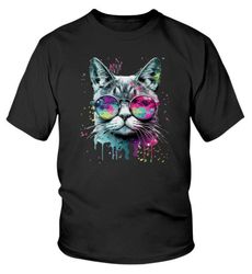 cat with tie dye glasses paint drip youth graphic tee