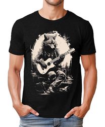 wolf playing guitar mens graphic tee premium short sleeve shirt