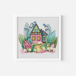 watercolor house cross stitch pattern pdf, mini fairy house counted cross stitch, leaves hand embroidery diy pattern