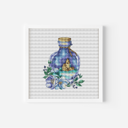 house in a bottle cross stitch pattern pdf, house cross stitch, blue flowers cross stitch cozy hand embroidery digital