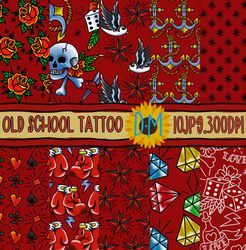 old school tattoo seamless pattern - tattoo digital papers - red background