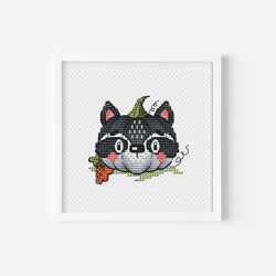 halloween cross stitch, raccoon cross stitch pattern pdf, animal cross stitch, pumpkin with raccoon face hand embroidery