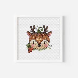 autumn deer pumpkin pdf cross stitch pattern, diy fall home decor, halloween hand embroidery, digital download handmade