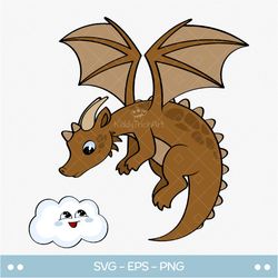 flying dragon svg clipart, cute dragon and a cloud png, print and cut image